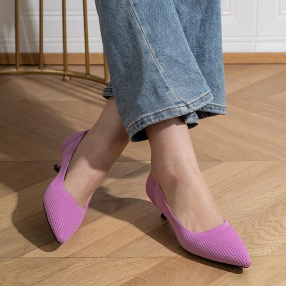 Women's Pink Kitten Heels Pumps Comfortable Knit Closed Toe Heels Casual - Picture 5 of 6